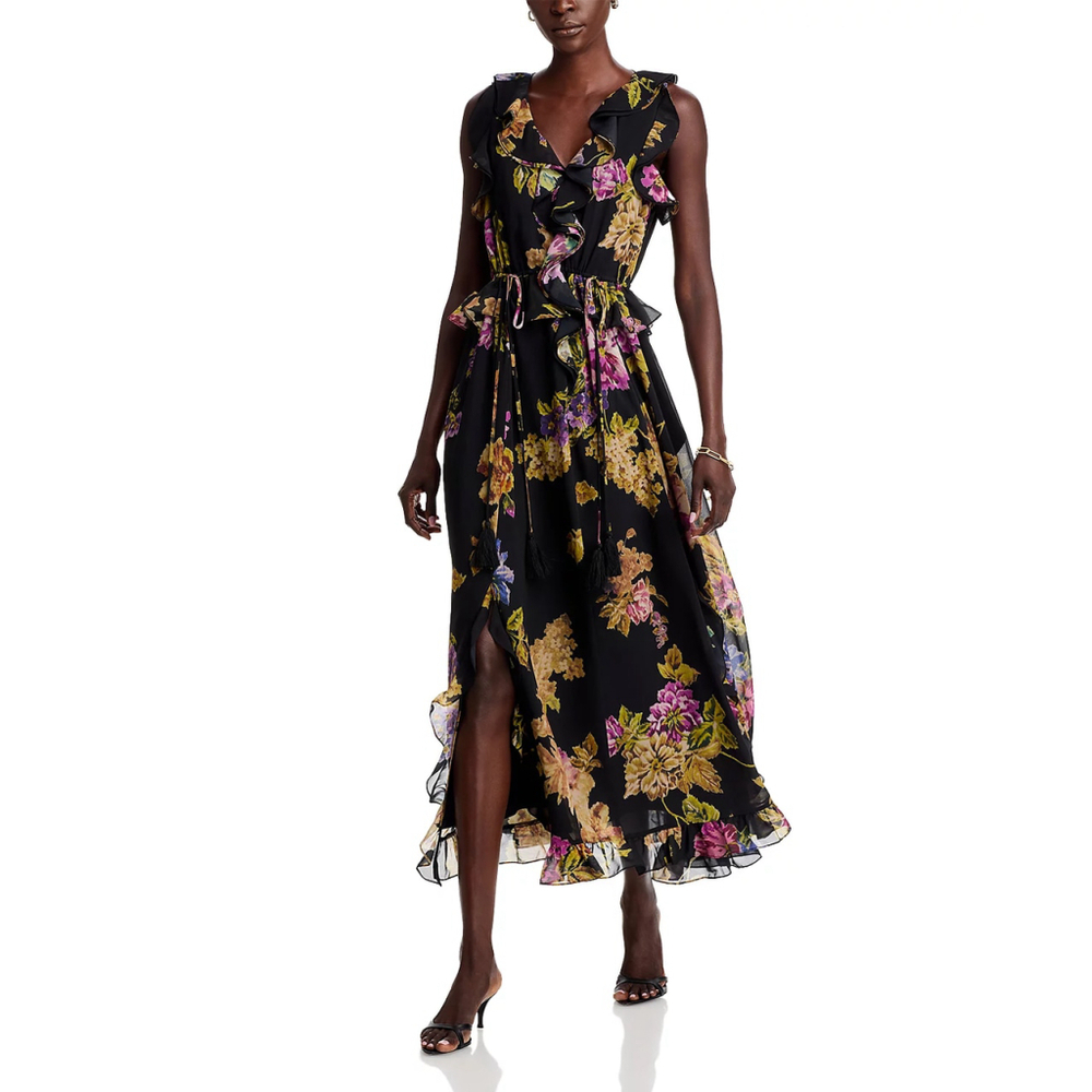 NWT Kobi Halperin Lesley Floral Ruffled Maxi Dress Black $698 - Size XS